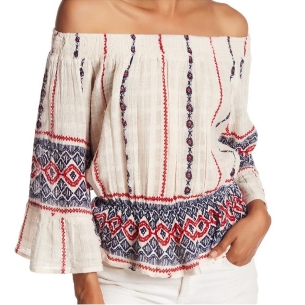 Anthropologie Raga Amalia Off Shoulder Cotton Gauze Peasant Top Ivory Blue Red M